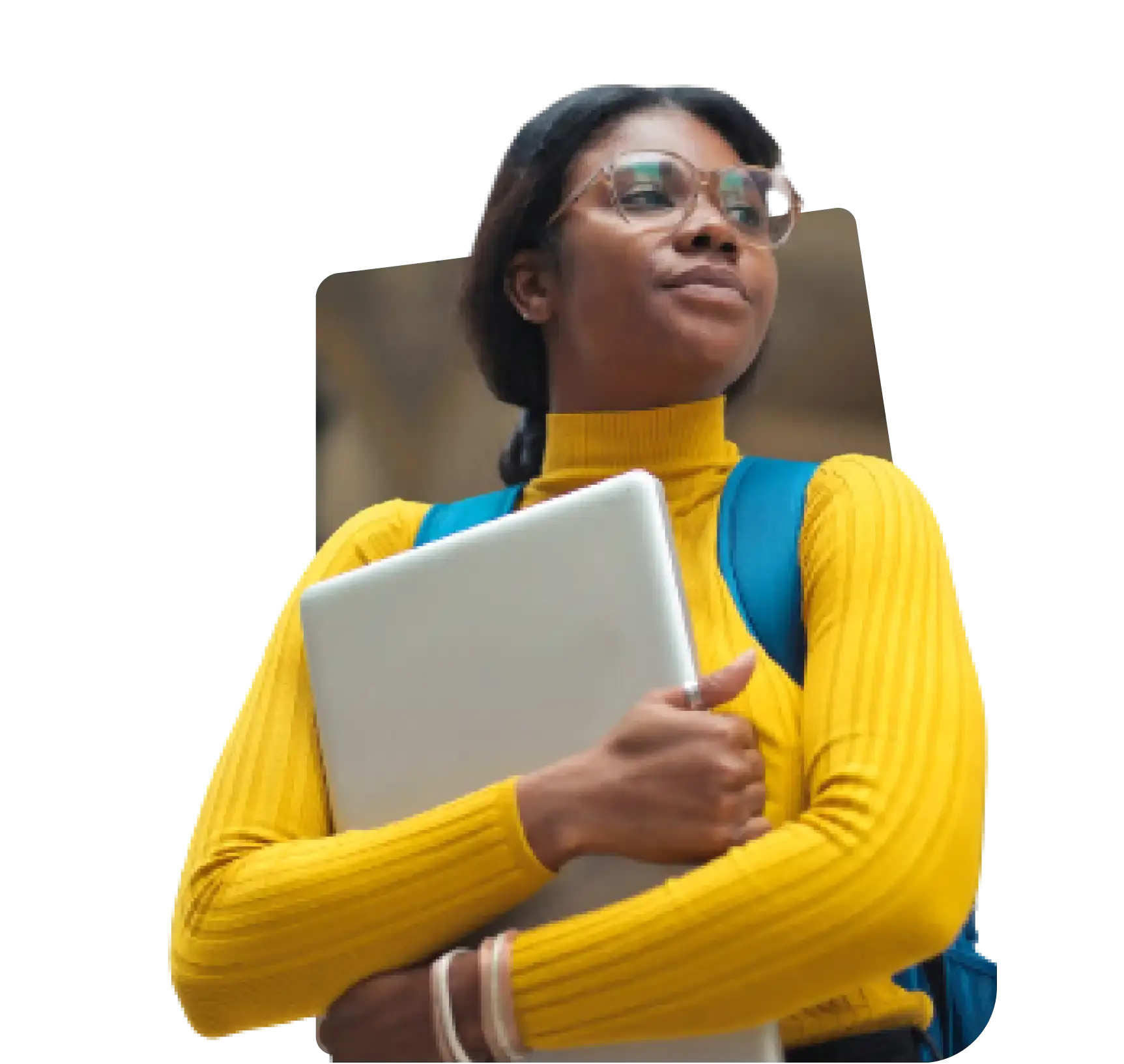 A lady on a yellow turtleneck holding a laptop